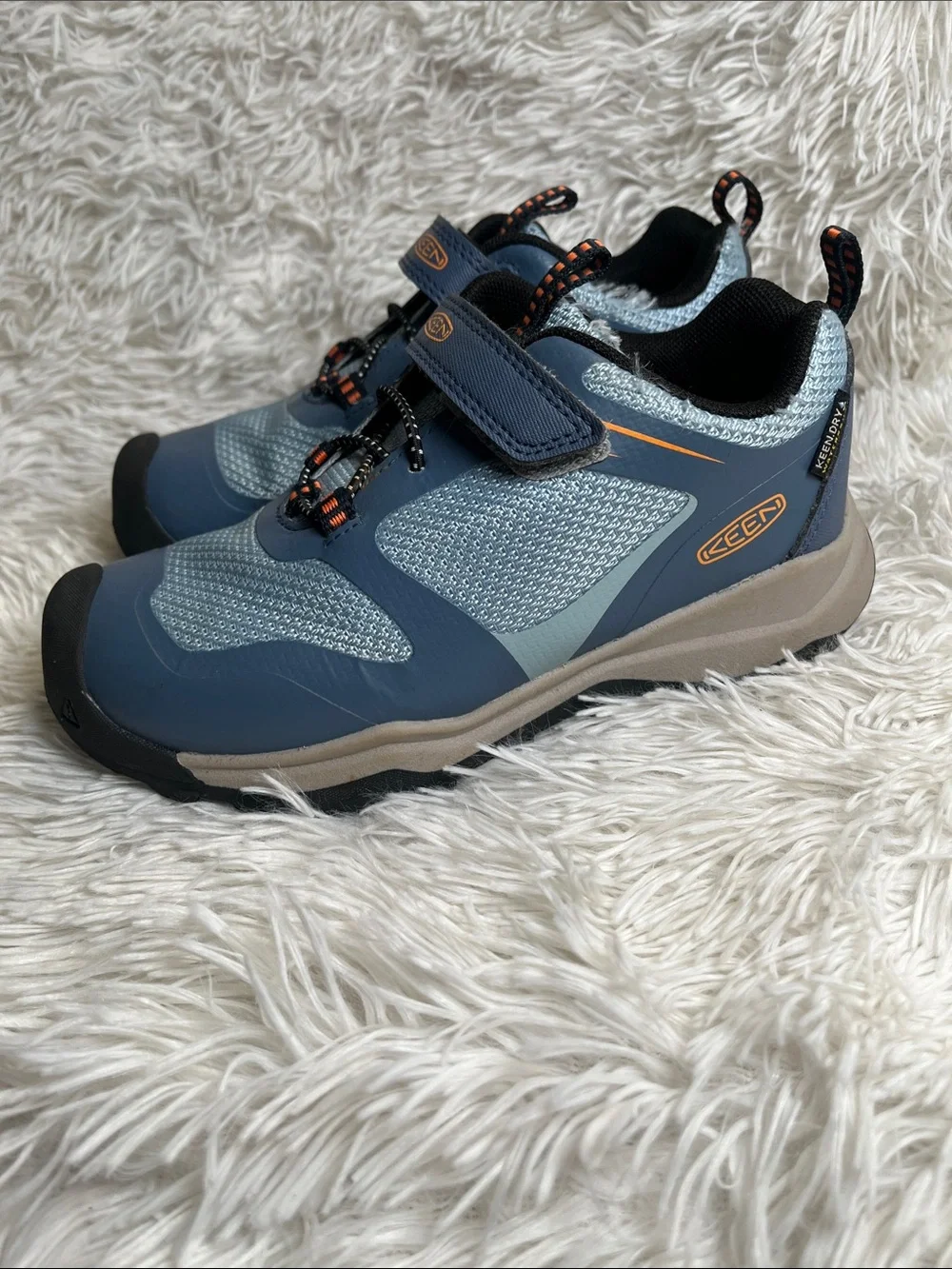 Keen Kids Light Blue and Navy Velcro Sneaker with Orange Accents